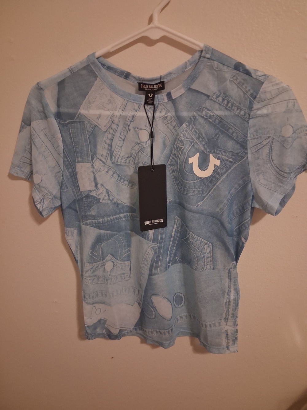 True Religion Light Blue All-Over Denim Print Tee with White Logo